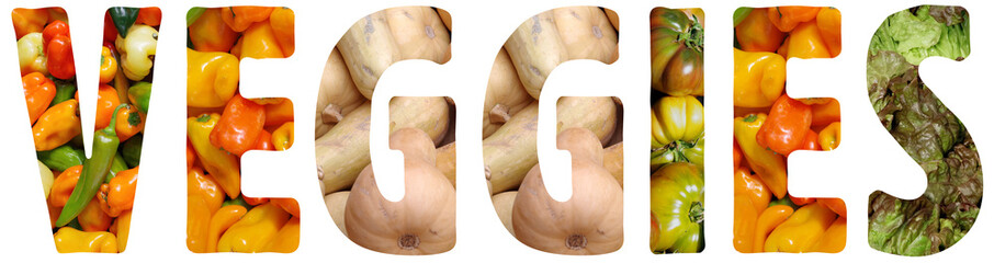 The text VEGGIES compiled from a here available alphabet of letters of cut out pictures of vegetables