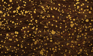 An ink marbling abstract pattern with gold drips, similar to marbled ink techniques used on the inner cover linings of vintage and antiquarian books
