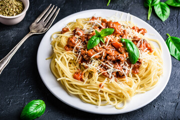 Spaghetti with bolognese sauce and parmesan cheese