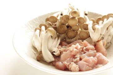 Prepared Shimeji mushroom and chicken for cooking ingredient