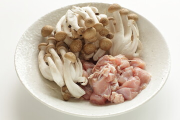 Prepared Shimeji mushroom and chicken for cooking ingredient