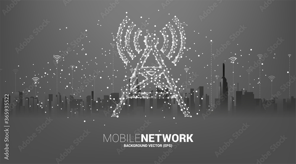 Poster antenna tower icon polygon style from dot and line connection with city background. concept of telec