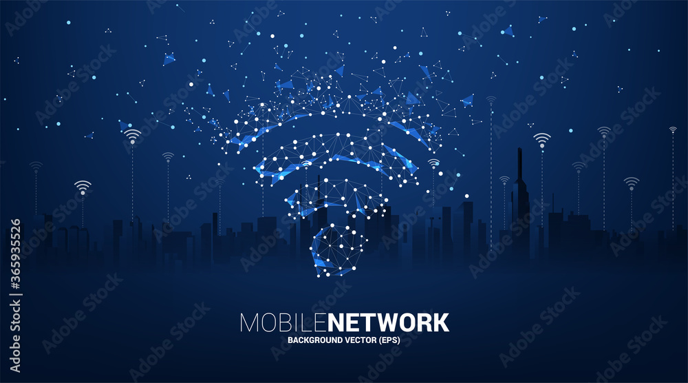 Leinwandbilder Vector dot connect line circuit board style mobile data icon with city background. Concept for data transfer of mobile and wi-fi data network.