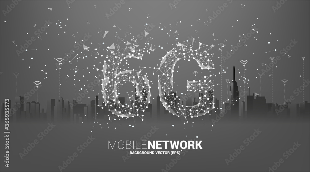 Poster vector polygon dot connect line shaped 6g mobile network with city background. concept for mobile ph