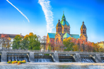 Fantastic autumn view on Saint Lucas Church (Lukas kirche), the largest Protestant church in...