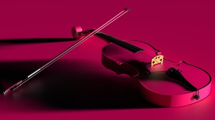 Pink classic violin on pink plate under spot lighting background. 3D sketch design and illustration. 3D high quality rendering.