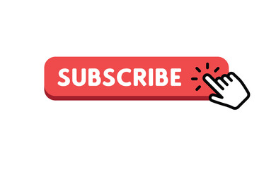 Subscribe button with hand click icon. Finger pointer clicking web site call to action. Clic vector.