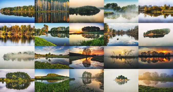 collection of photos of rivers with a reflection of the coast. Set, Collage