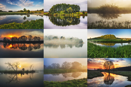 collection of photos of rivers with a reflection of the coast. Set, Collage