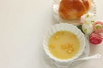 Japanese instant corn soup with copy space for breakfast food