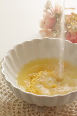 Japanese instant corn soup with copy space for breakfast food