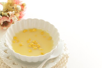 Japanese instant corn soup with copy space for breakfast food