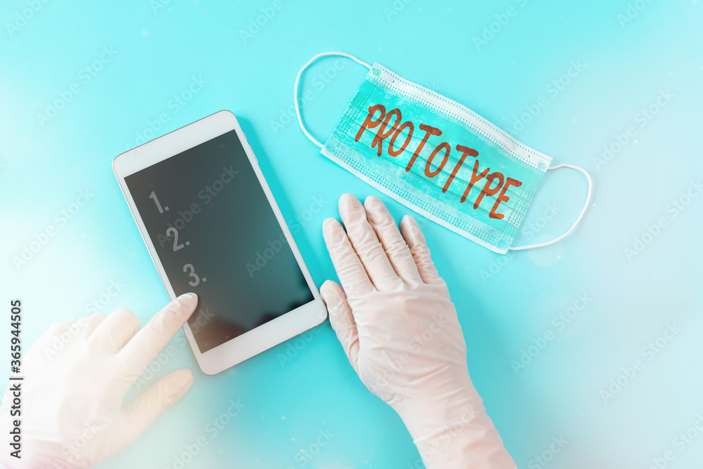 Poster writing note showing prototype. business concept for a preliminary model of something particularly a