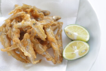 japanese food, deep fried small fish Tempura in bamboo basket