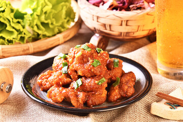 Fried chicken with spicy sauce in Korean style  