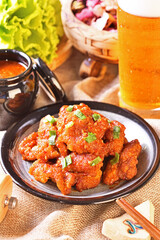 Fried chicken with spicy sauce in Korean style  