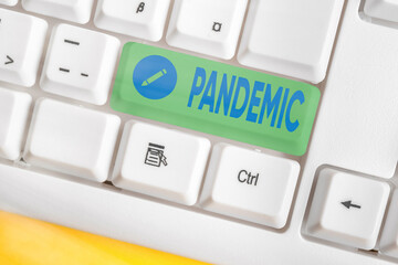 Text sign showing Pandemic. Business photo showcasing occurring over a wide area affecting high...