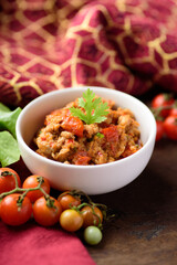 Northern Thai food (Nam Prik Ong), spicy chili minced pork with tomatoes, Thai chili paste