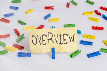 Handwriting text writing Overview. Conceptual photo description of facts findings and objectives to...