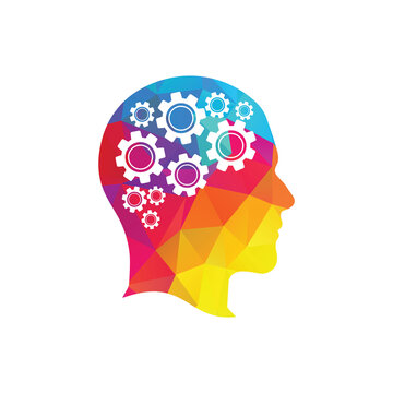 Technology Human Head Logo Icon Design. Digital human head brain shape with gears idea concept innovation genius.
