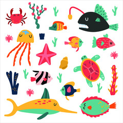 Underwater collection set with coral reefs, jellyfish, starfish, turtle, crab and different fishes isolated on white background. Set of vector sea animals for children's ornament. Simple illustration