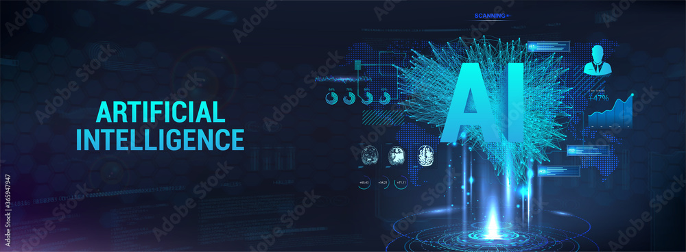 Poster Hi-tech technology banner with concept artificial intelligence, Imitation of the human mind. Polygonal Ai 3D brain with hologram and HUD interface. Digital banner vector Artificial Intelligence