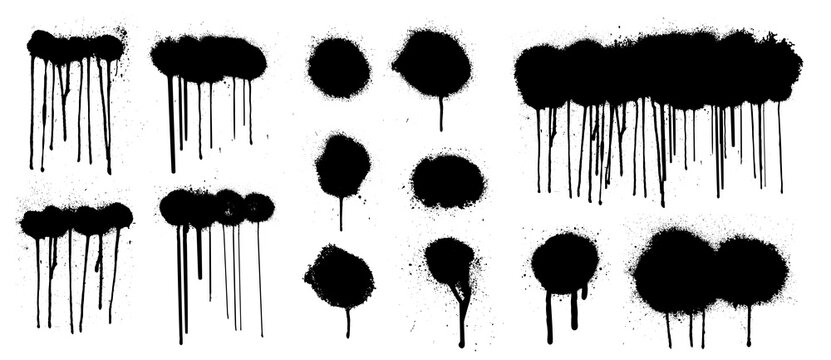 Great graffiti spray collection with high detail. Isolated collection drips black ink splatters and dots from spray with current paint. Blank Graffiti template mockup with effect spray. Vector grunge