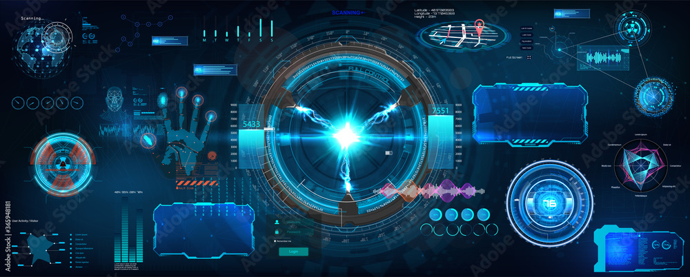 Leinwandbilder HUD digital elements set for VR, UI, UX and GUI. Vector colorful collection Sky-fi elements. Digital Futuristic User Interface HUD. Vector set concept cockpit spaceship and Virtual reality VR
