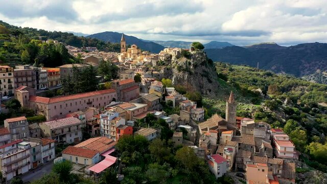 Amazing cityscape of Novara di Sicilia town. Aerial view of Novara di Sicilia, Sicily, Italy, Europe. Mountain village Novara di Sicilia, Sicily, Italy.