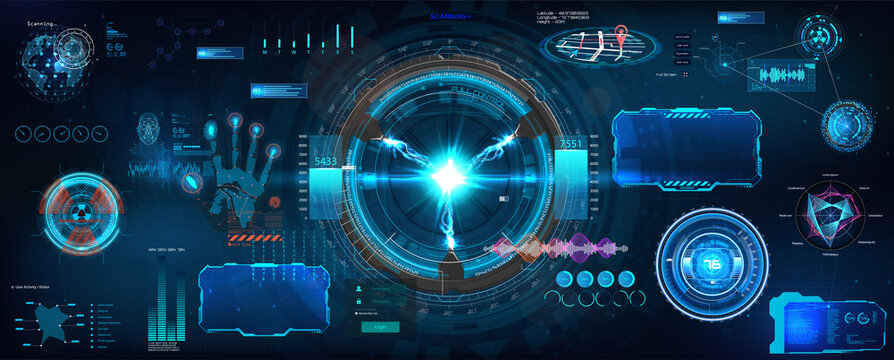 HUD digital elements set for VR, UI, UX and GUI. Vector colorful collection Sky-fi elements. Digital Futuristic User Interface HUD. Vector set concept cockpit spaceship and Virtual reality VR