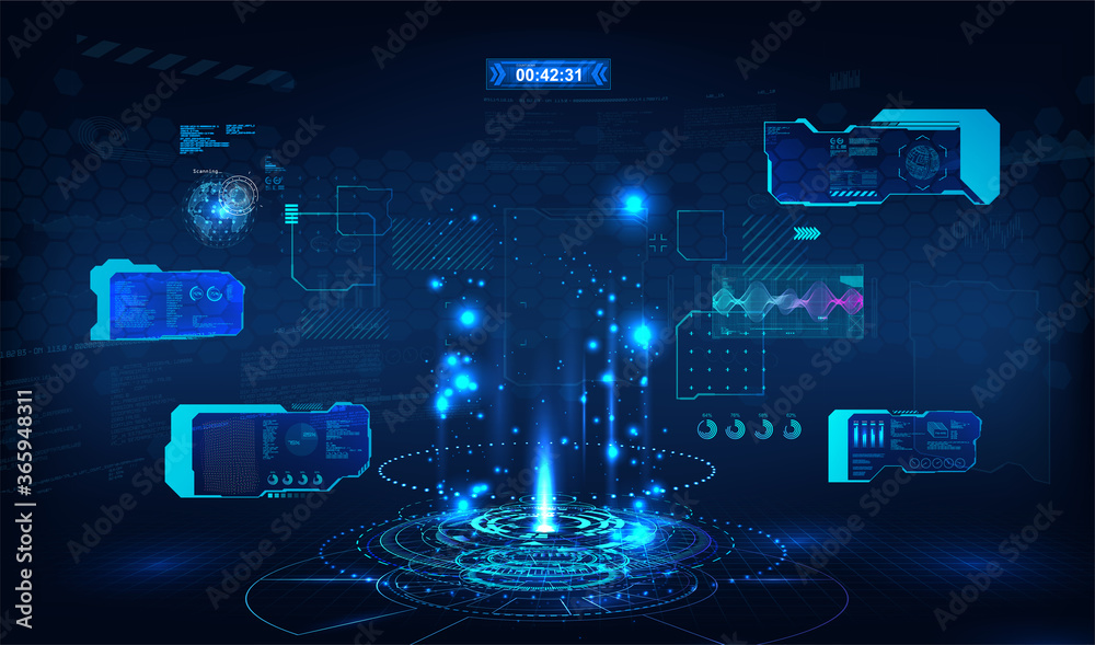 Poster Blue presentation podium for UI, UX, GUI with Head Up Display elements. Circle technology portal HUD. Blank hologram for show your product. Virtual reality concept. Cyberpunk show presentation. Vector