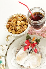 Christmas cake and decoration with drink