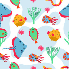 Ocean seamless pattern with various of fishes, whale, jellyfish, crab, and reef corals. Ocean underwater seamless pattern in vector. Perfect for summer greeting cards.Summer flat vector cartoon