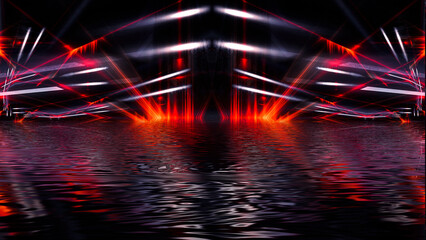 Dark neon background with rays and liquid, flowing lines. Night view, reflection in the water of neon light. Abstract dark bright red neon. 3d illustration