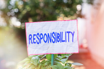 Conceptual hand writing showing Responsibility. Concept meaning the condition or reality that has...