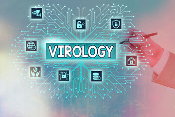 Writing note showing Virology. Business concept for branch of science dealing with the variety of...