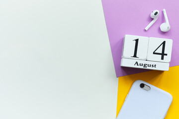 14th august - fourteenth day month calendar concept on wooden blocks with copy space.