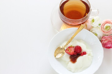 Strawberry Jam and nut on Yogurt for healthy breakfast
