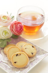 homemade chocolate chips cookie with copy space and tea