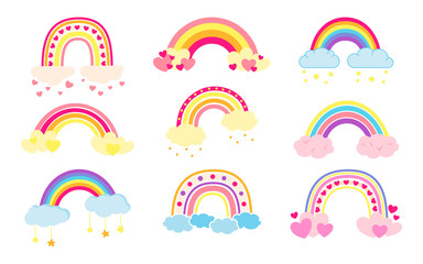 Rainbow set flat cartoon style. Rainbows with clouds abstract hand drawn colored collection. Cute bright nature weather elements for kids. For print, card, fabric or book. Isolated vector illustration