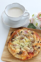 homemade cheese and mushroom bacon pizza