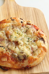 homemade cheese and mushroom bacon pizza