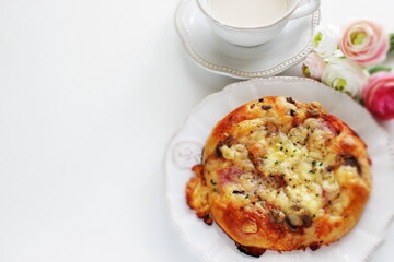 homemade cheese and mushroom bacon pizza