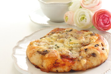 homemade cheese and mushroom bacon pizza