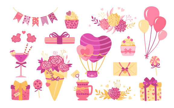 Valentine day or wedding vintage set. Flat cartoon design. Cute heart, gift bouquet and boxes. Lollipop drink, sweets balls for holiday. Purple, objects collection. Isolated vector illustration