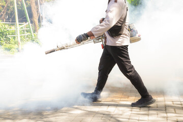 Handheld mosquitos fogger. Man fogging to eliminate mosquitos from the yard. Mosquito repellent fogging operation. Fume-based treatment anti insects.
