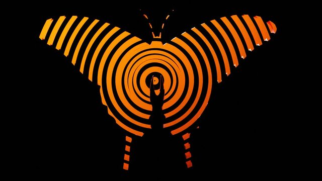 HD video of beautiful round or circle  texture or pattern formation on the butterfly body shape, isolated on black background. 3d rendering abstract seamless loop animation neon effect on butterfly.