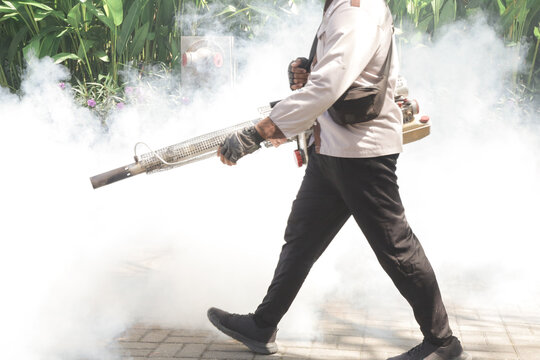 Handheld Mosquitos Fogger. Man Fogging To Eliminate Mosquitos From The Yard. Mosquito Repellent Fogging Operation. Fume-based Treatment Anti Insects.
