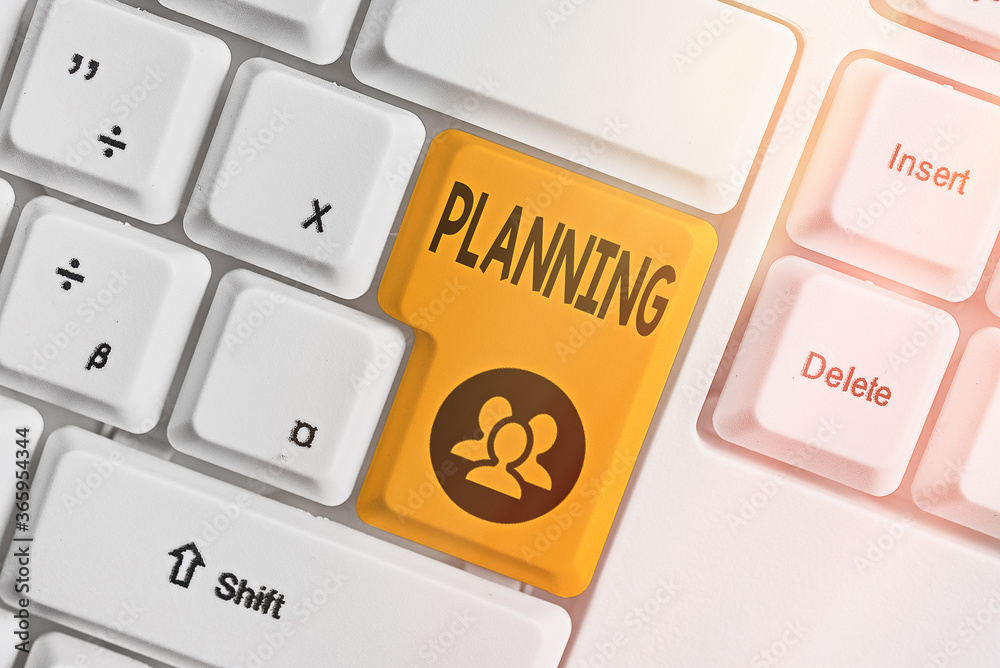 Poster Handwriting text writing Planning. Conceptual photo achieving desired results is the first and foremost assignment Different colored keyboard key with accessories arranged on empty copy space
