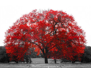 Big red tree in black and white landscape scene in Central Park, New York City